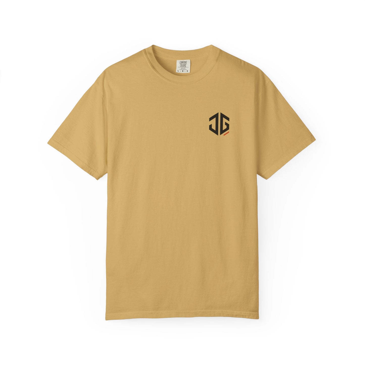 Mustard JGTees left-chest garment-dyed tee, front view