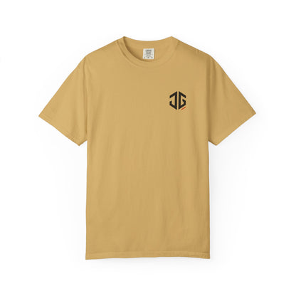 Mustard JGTees left-chest garment-dyed tee, front view