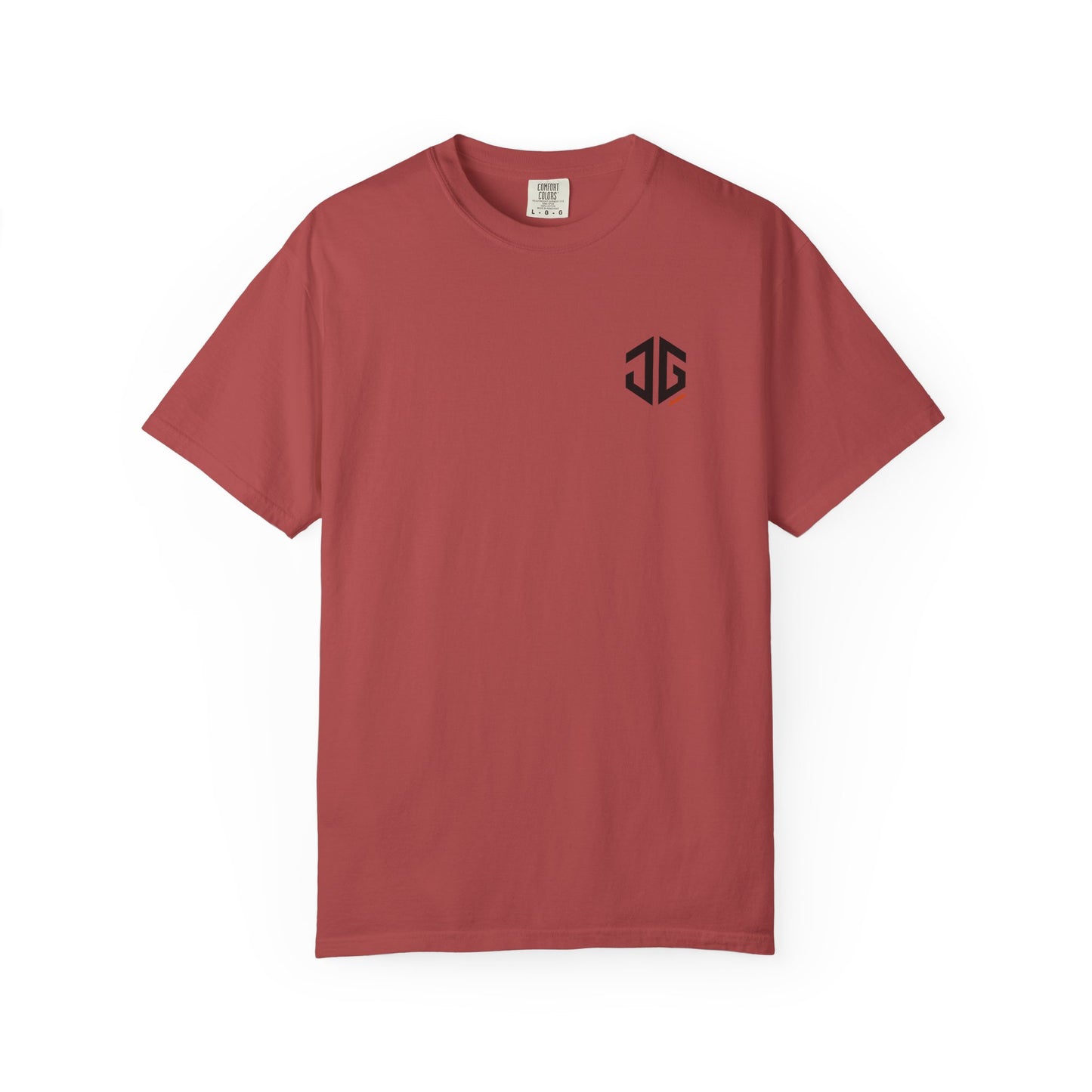 Crimson JGTees left-chest garment-dyed tee, front view