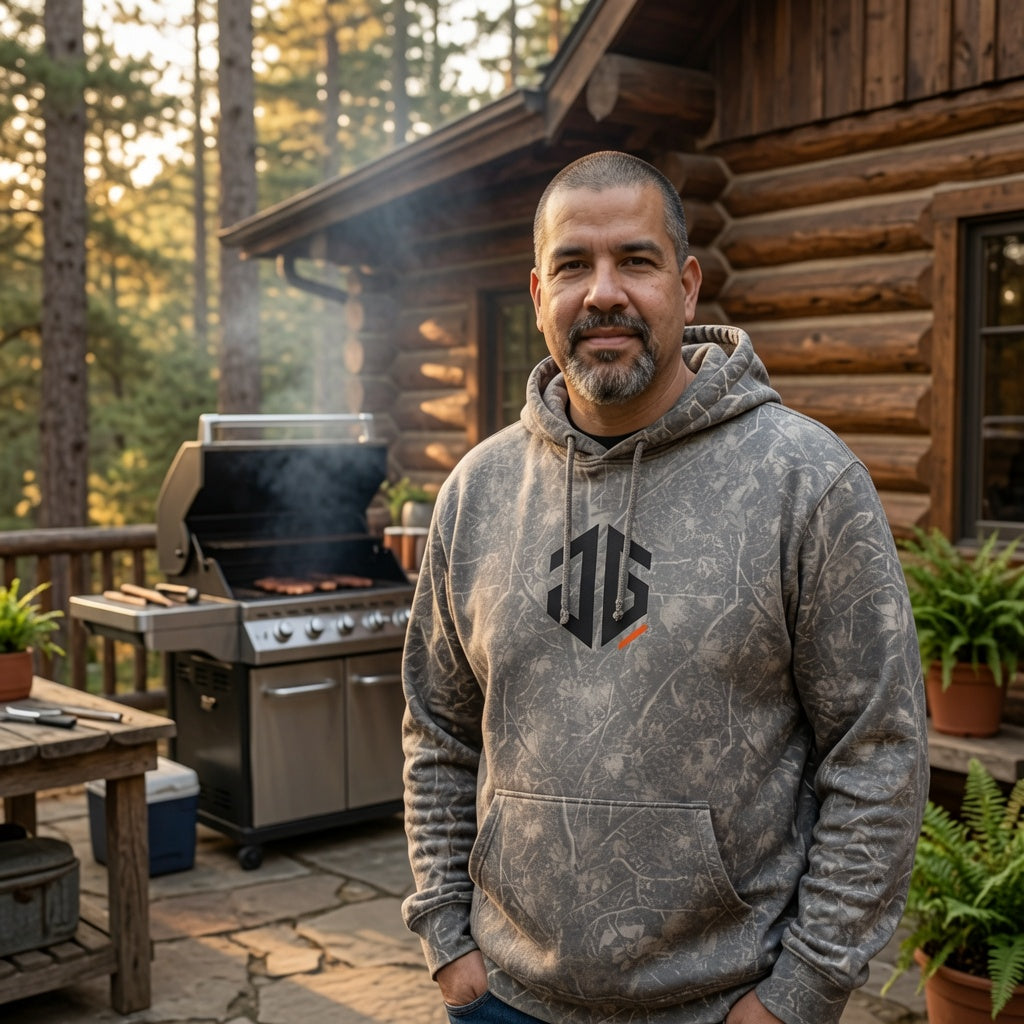 Deadwood camo hoodie with a large black JGTees monogram on the front