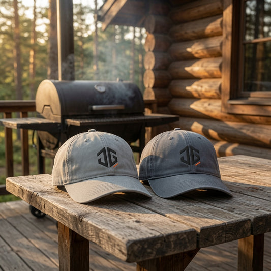 Two washed JGTees weekend caps on a cabin deck beside a grill