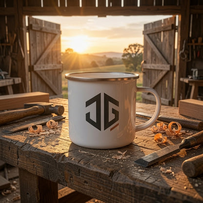 White JGTees enamel camp mug on a workshop bench at sunrise