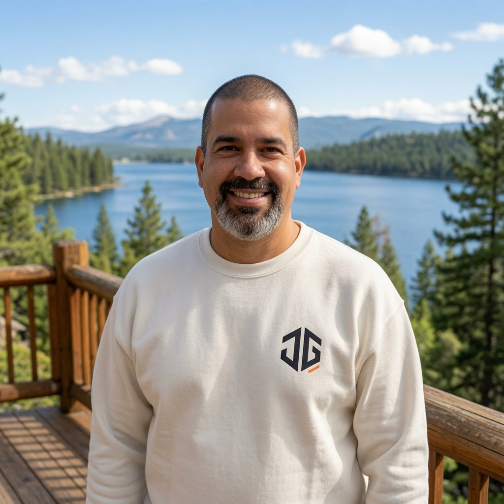 Man wearing a cream JGTees monogram crewneck sweatshirt outdoors by a mountain lake