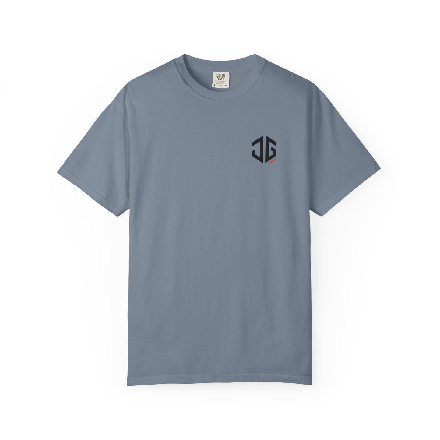 Blue Jean JGTees left-chest garment-dyed tee, front view