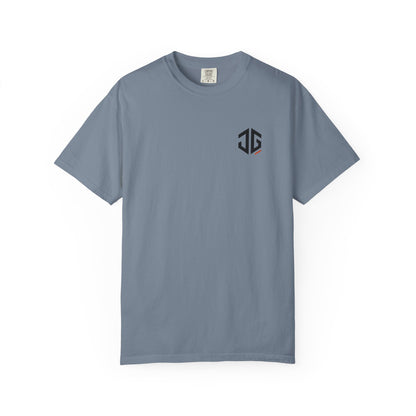 Blue Jean JGTees left-chest garment-dyed tee, front view