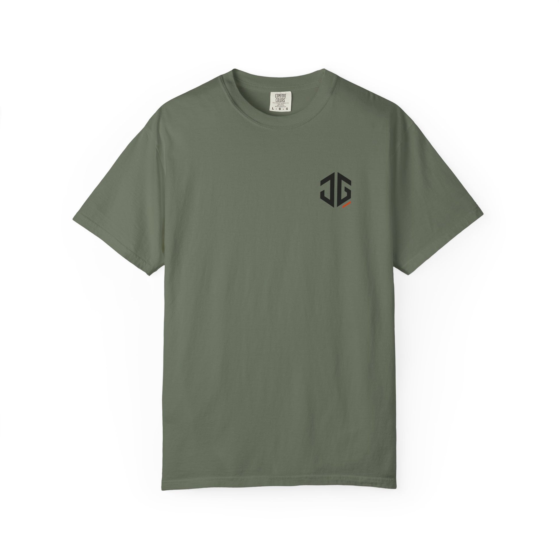 Moss JGTees left-chest garment-dyed tee, front view